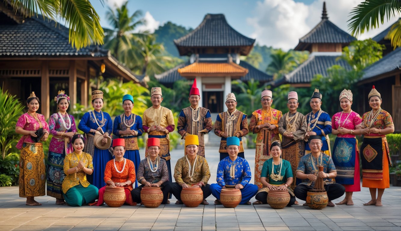 Sekelompok orang Indonesia mengenakan pakaian tradisional dari berbagai daerah sedang melakukan aktivitas budaya di luar ruangan dengan latar belakang alam dan bangunan tradisional.