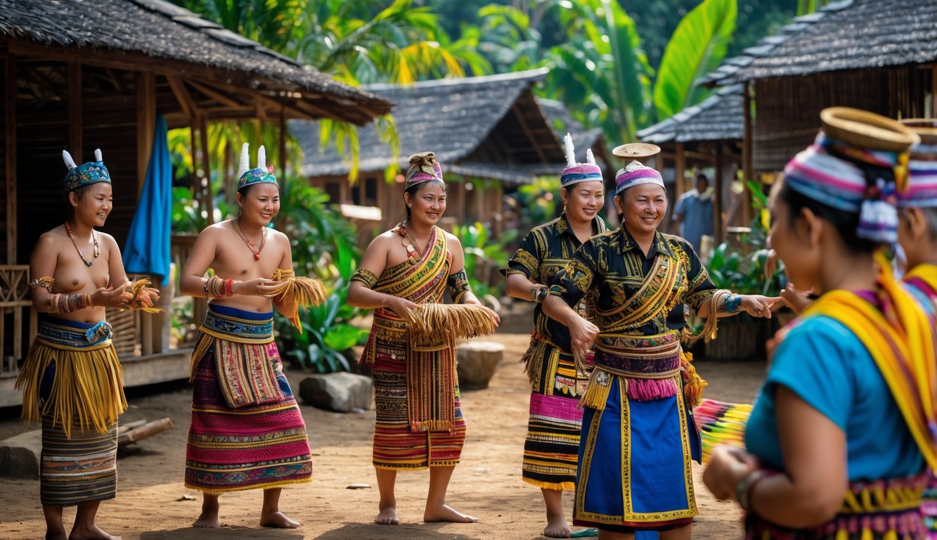 Sekelompok orang Indonesia mengenakan pakaian tradisional berwarna-warni sedang melakukan aktivitas budaya di lingkungan desa dengan latar alam tropis.