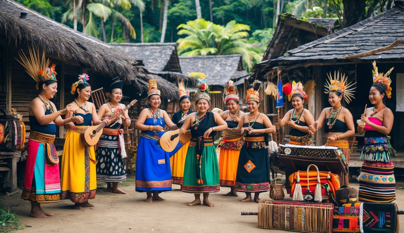 Sekelompok orang mengenakan pakaian tradisional warna-warni dari berbagai daerah Indonesia sedang melakukan tarian dan memainkan alat musik di lingkungan desa dengan rumah kayu dan hutan tropis di latar belakang.