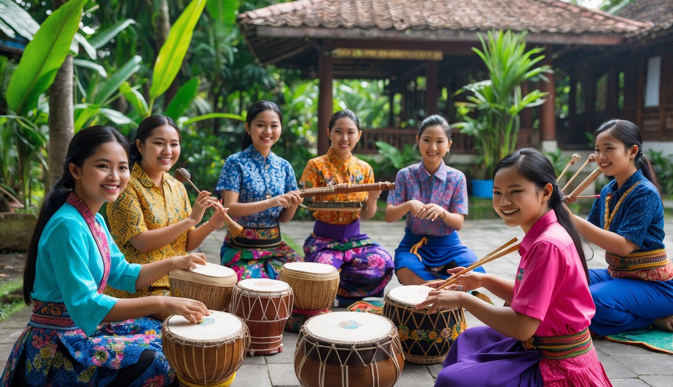 Sekelompok pemuda Indonesia mengenakan pakaian tradisional sedang bermain alat musik dan menari di luar ruangan dengan latar belakang bangunan tradisional dan pepohonan.