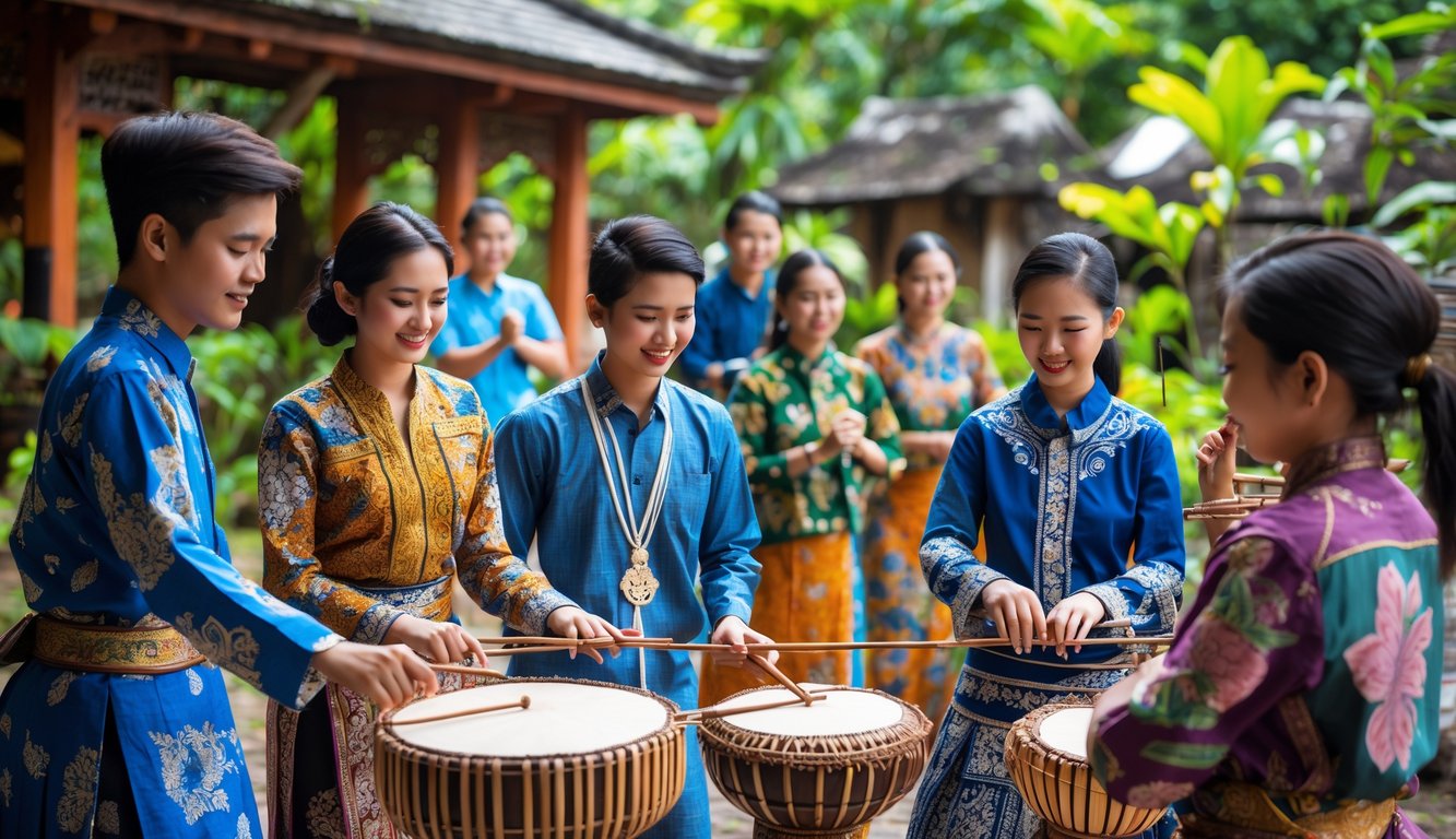 Sekelompok pemuda Indonesia mengenakan pakaian tradisional sedang melakukan kegiatan budaya di luar ruangan dengan latar belakang bangunan dan artefak tradisional.