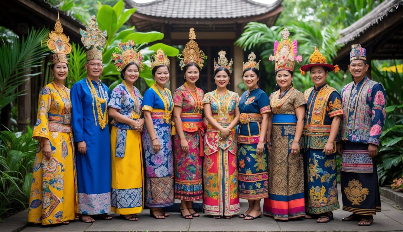 Sekelompok orang mengenakan pakaian adat dari berbagai provinsi di Indonesia sedang berdiri di luar ruangan dengan latar belakang tanaman tropis dan bangunan tradisional.