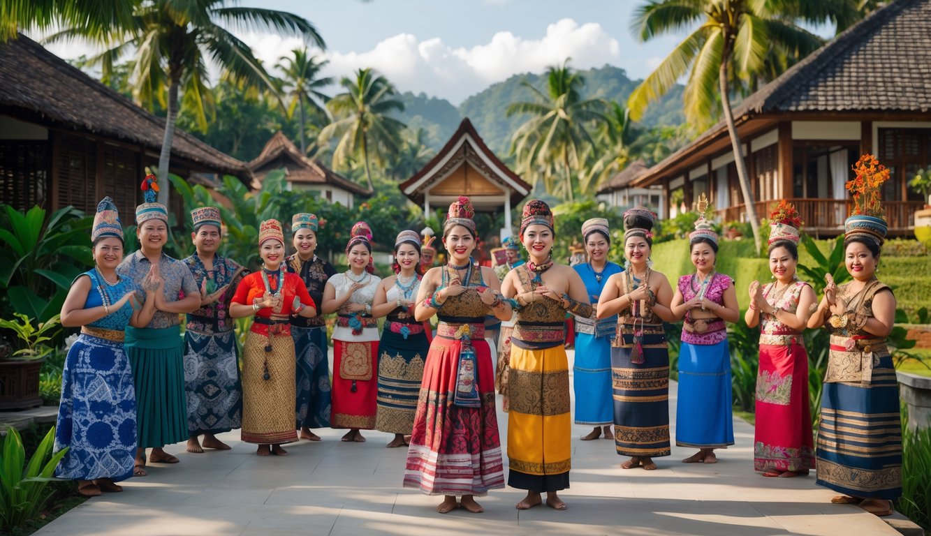 Sekelompok orang memakai pakaian tradisional dari berbagai provinsi di Indonesia sedang beraktivitas budaya di luar ruangan dengan latar alam tropis dan bangunan tradisional.