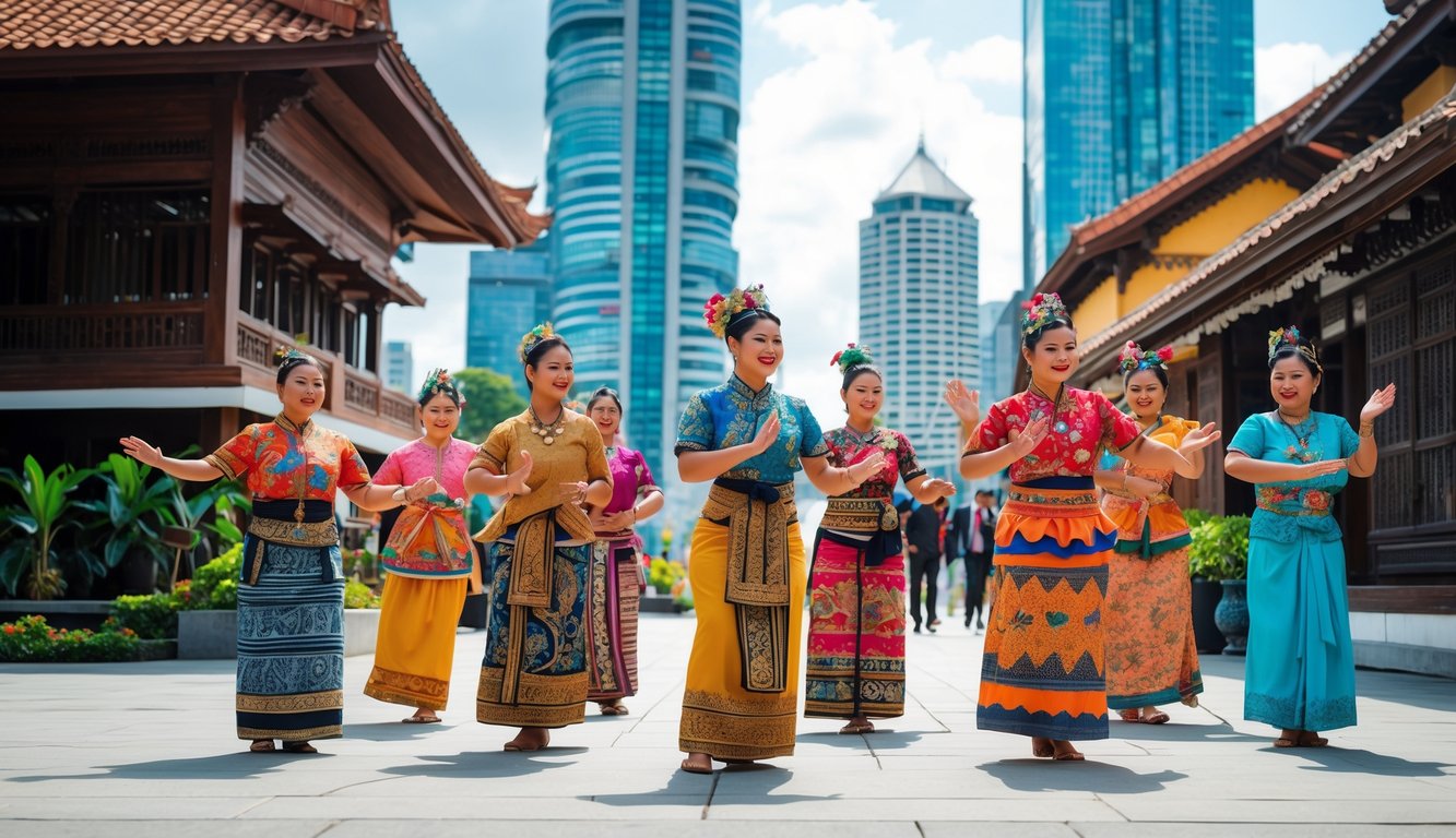 Sekelompok orang mengenakan pakaian tradisional Indonesia sedang menampilkan tarian atau musik di latar belakang yang memadukan bangunan modern dan arsitektur tradisional.
