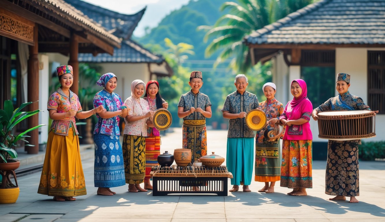Sekelompok orang Indonesia mengenakan pakaian tradisional sedang melakukan tarian dan memainkan alat musik gamelan di depan bangunan tradisional dengan latar belakang elemen kota modern.
