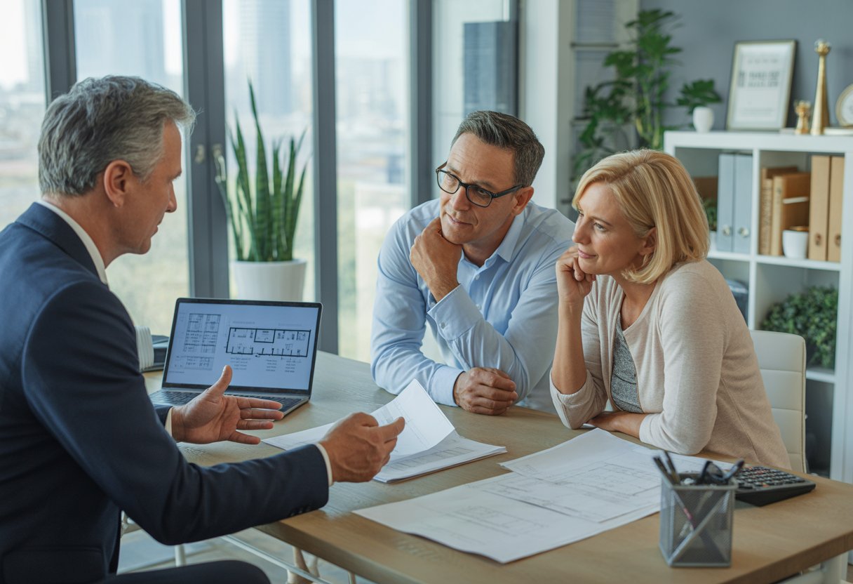A real estate agent discussing how to sell a rental property paperwork with a couple in an office, reviewing documents about selling a property.
