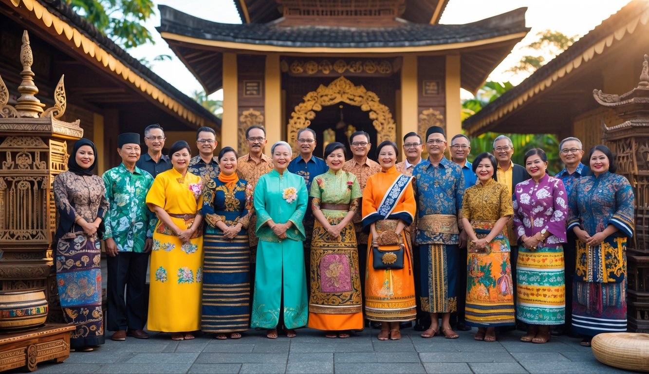 Sekelompok orang Indonesia mengenakan pakaian tradisional dari berbagai daerah berdiri bersama di luar ruangan dengan latar arsitektur tradisional dan alat musik budaya.