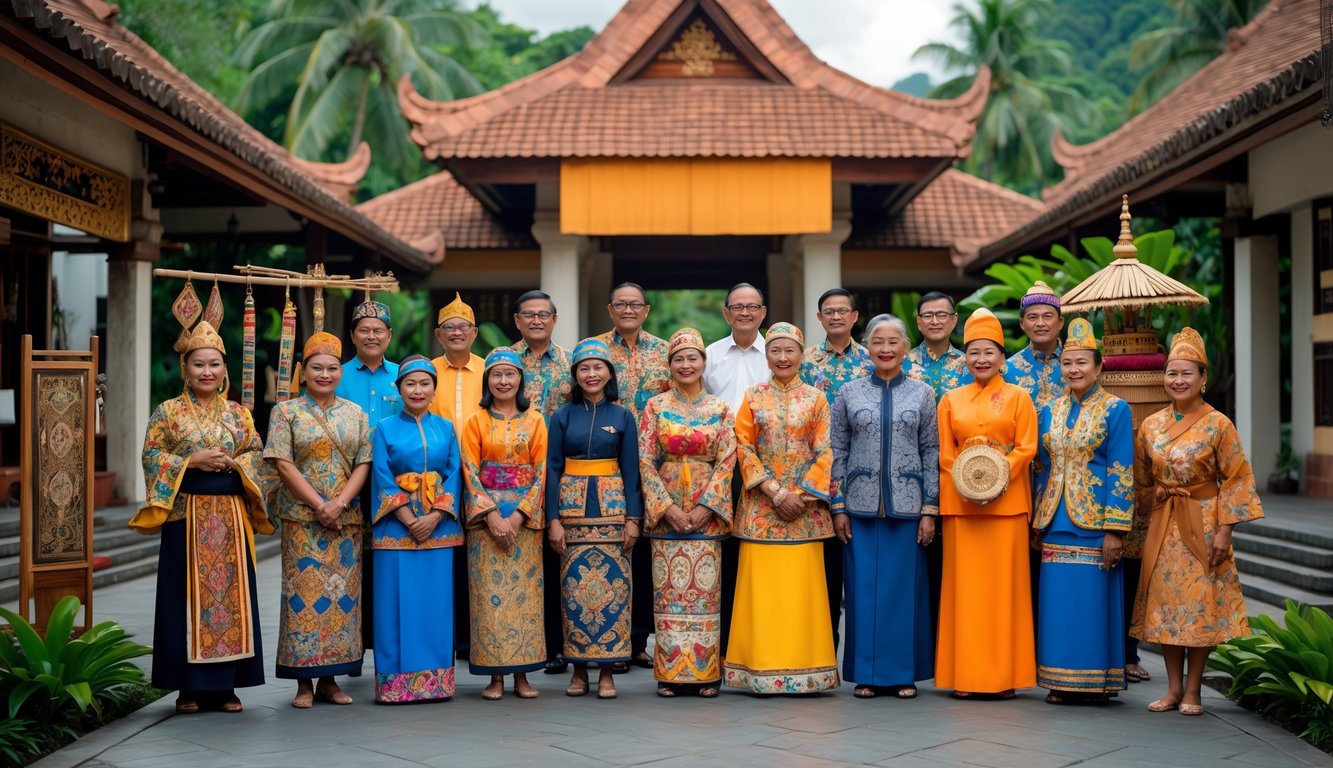 Sekelompok orang Indonesia mengenakan pakaian tradisional dari berbagai daerah berdiri bersama dengan latar belakang elemen budaya seperti bangunan tradisional, batik, wayang, dan alat musik gamelan.