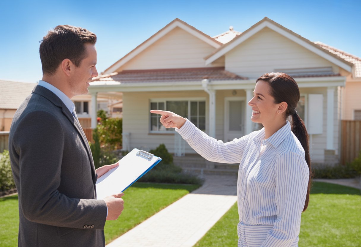 A real estate agent and homeowner discussing how to sell a rental property in front of a clean, well-maintained house with a manicured lawn.