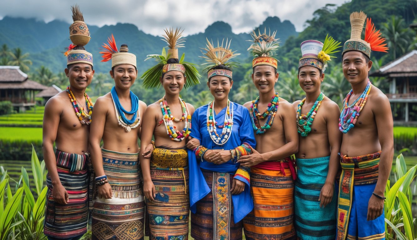 Sekelompok orang dari berbagai suku Nusantara mengenakan pakaian tradisional berwarna-warni sedang berdiri bersama di luar ruangan dengan latar belakang pemandangan alam tropis Indonesia.