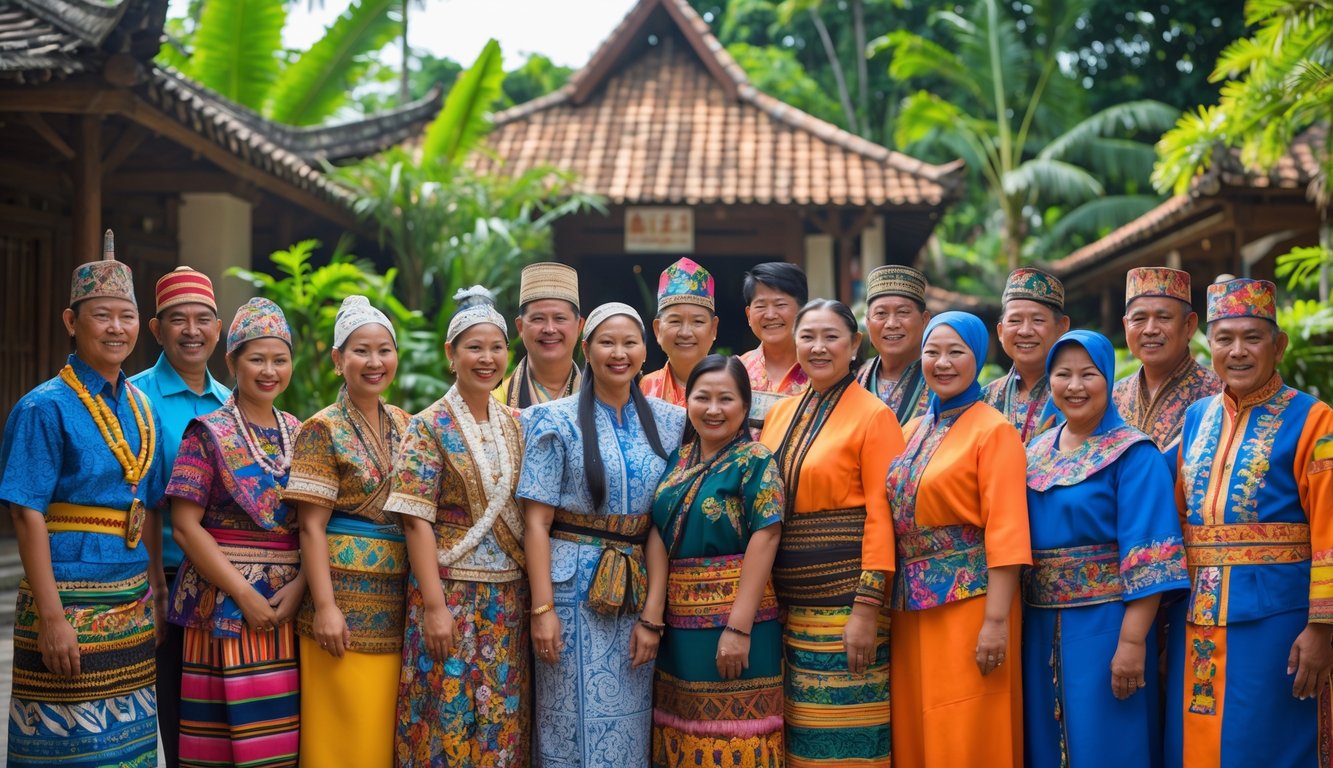Sekelompok orang Indonesia dari berbagai suku mengenakan pakaian tradisional berwarna-warni sedang berdiri bersama di luar ruangan dengan latar belakang alam tropis dan bangunan tradisional.