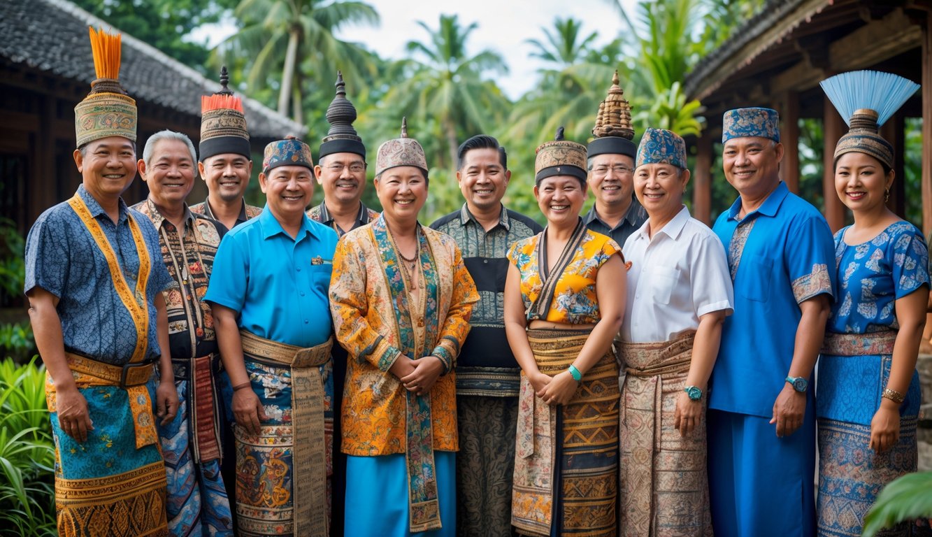 Sekelompok orang Indonesia dengan pakaian tradisional berbagai suku besar Nusantara berdiri bersama di luar ruangan dengan latar belakang alam tropis dan bangunan tradisional.