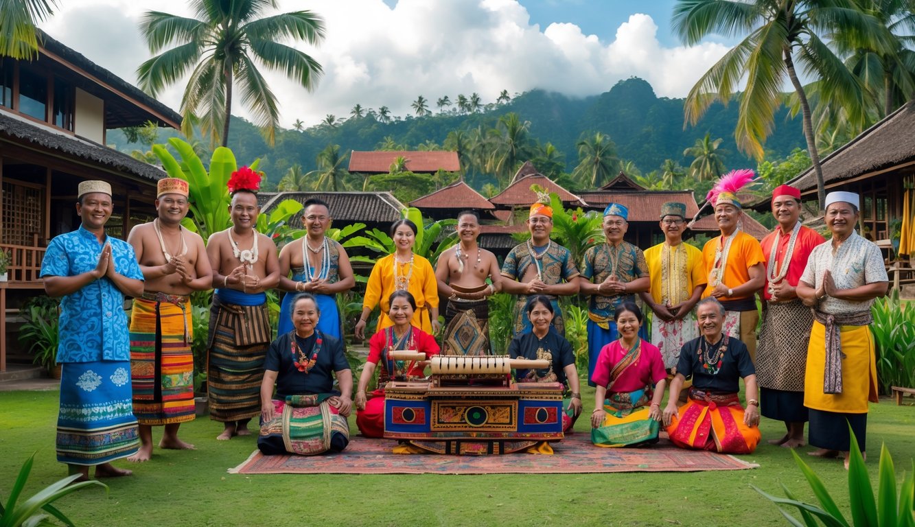 Sekelompok orang Indonesia dari berbagai suku besar mengenakan pakaian tradisional di luar ruangan dengan latar belakang alam tropis dan rumah adat.