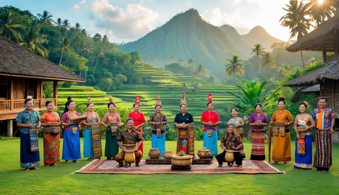 Sekelompok orang Indonesia dari berbagai suku mengenakan pakaian tradisional sedang melakukan aktivitas budaya di latar pemandangan alam Indonesia.