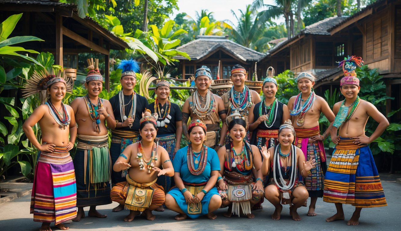 Sekelompok orang dari berbagai suku Nusantara mengenakan pakaian tradisional berwarna-warni sedang berkumpul di luar ruangan dengan latar belakang rumah adat dan pepohonan hijau.