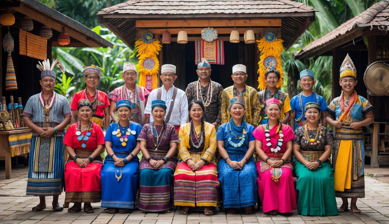 Kelompok 10 orang dari berbagai suku di Indonesia mengenakan pakaian tradisional dengan latar belakang alam tropis dan elemen budaya khas.