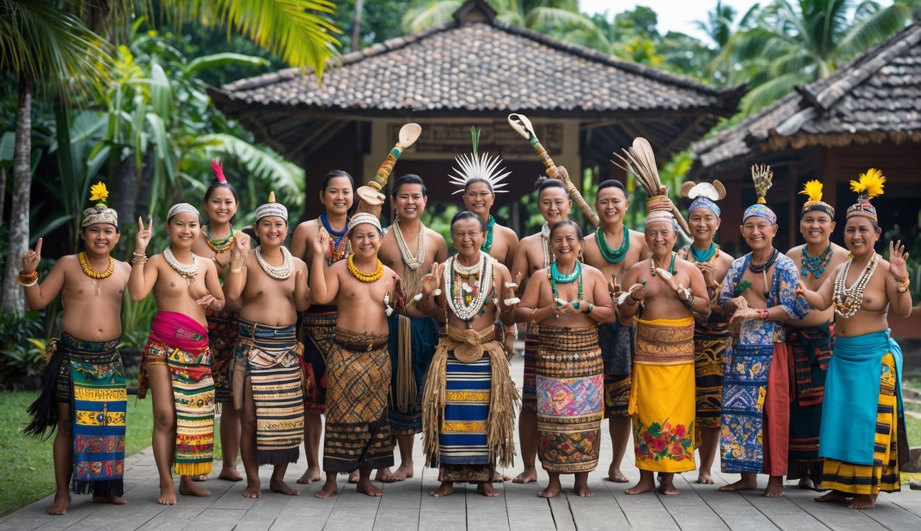 Sekelompok orang dari berbagai suku di Indonesia mengenakan pakaian tradisional, berdiri bersama di luar ruangan dengan latar belakang alam tropis dan rumah adat.