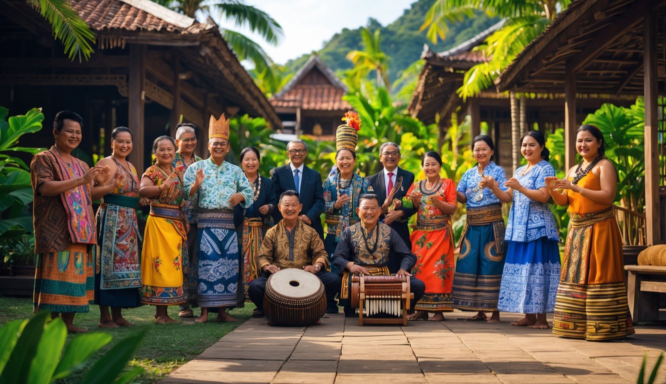 Sekelompok orang Indonesia mengenakan pakaian tradisional dari berbagai suku di Nusantara sedang berkumpul di luar ruangan dengan latar rumah tradisional dan pepohonan hijau.