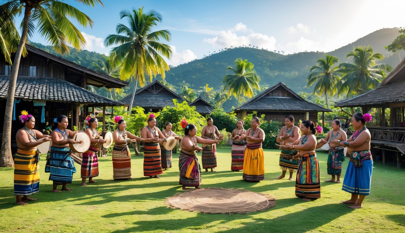 Sekelompok orang dari berbagai suku di Kepulauan Nusantara mengenakan pakaian tradisional dengan latar belakang pemandangan tropis dan rumah adat.