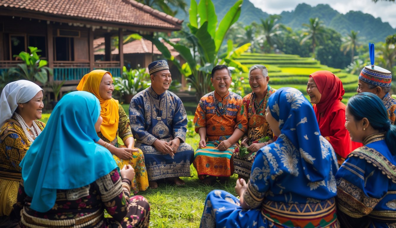 Sekelompok orang Indonesia dari berbagai suku mengenakan pakaian adat tradisional sedang berbincang bersama di latar belakang pemandangan alam dan rumah tradisional.