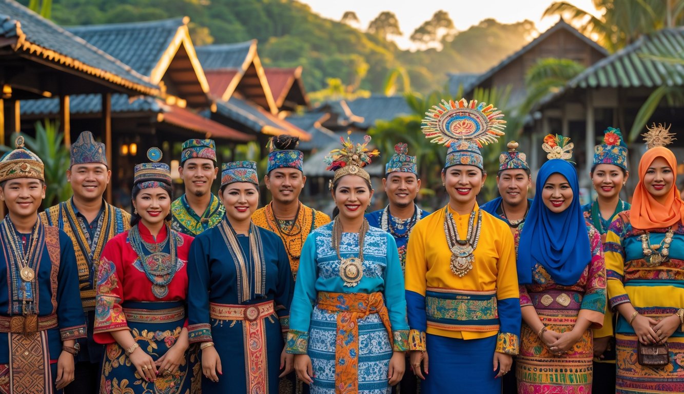 Sekelompok orang mengenakan pakaian tradisional dari berbagai suku di Indonesia dengan latar belakang rumah adat dan pemandangan alam.