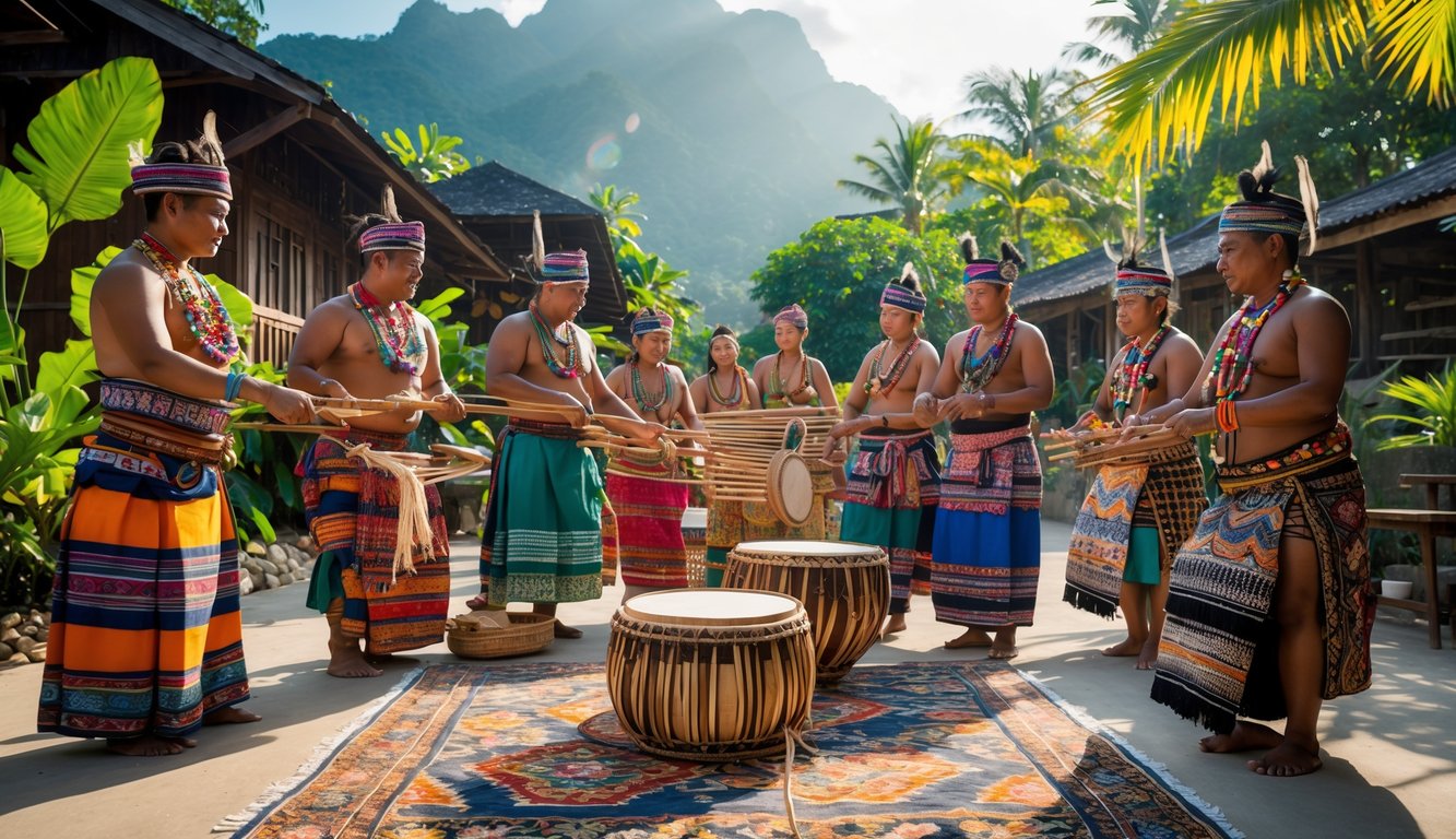 Sekelompok orang dari suku Nusantara mengenakan pakaian tradisional sedang melakukan tarian dan memainkan alat musik di lingkungan alam terbuka dengan rumah adat di latar belakang.