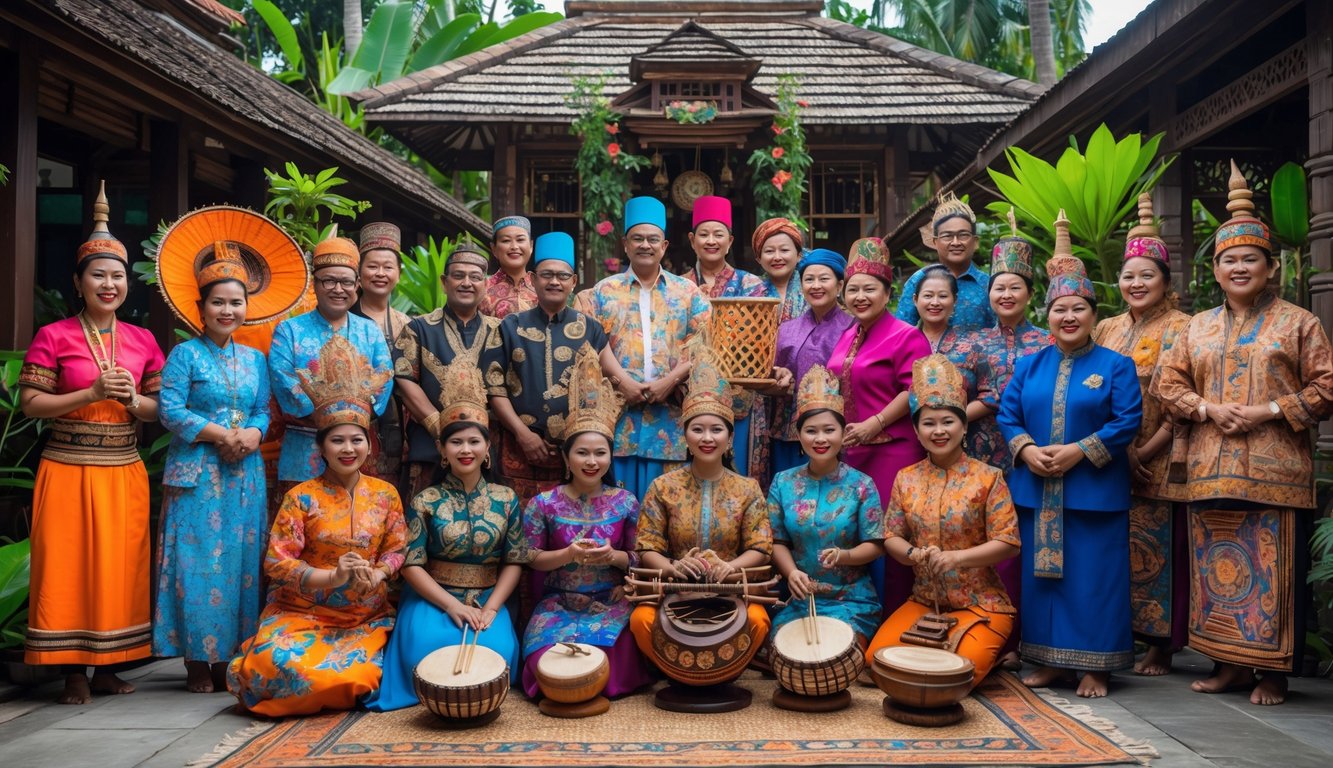 Sekelompok orang dari berbagai suku Nusantara mengenakan pakaian tradisional sedang melakukan kegiatan budaya bersama.