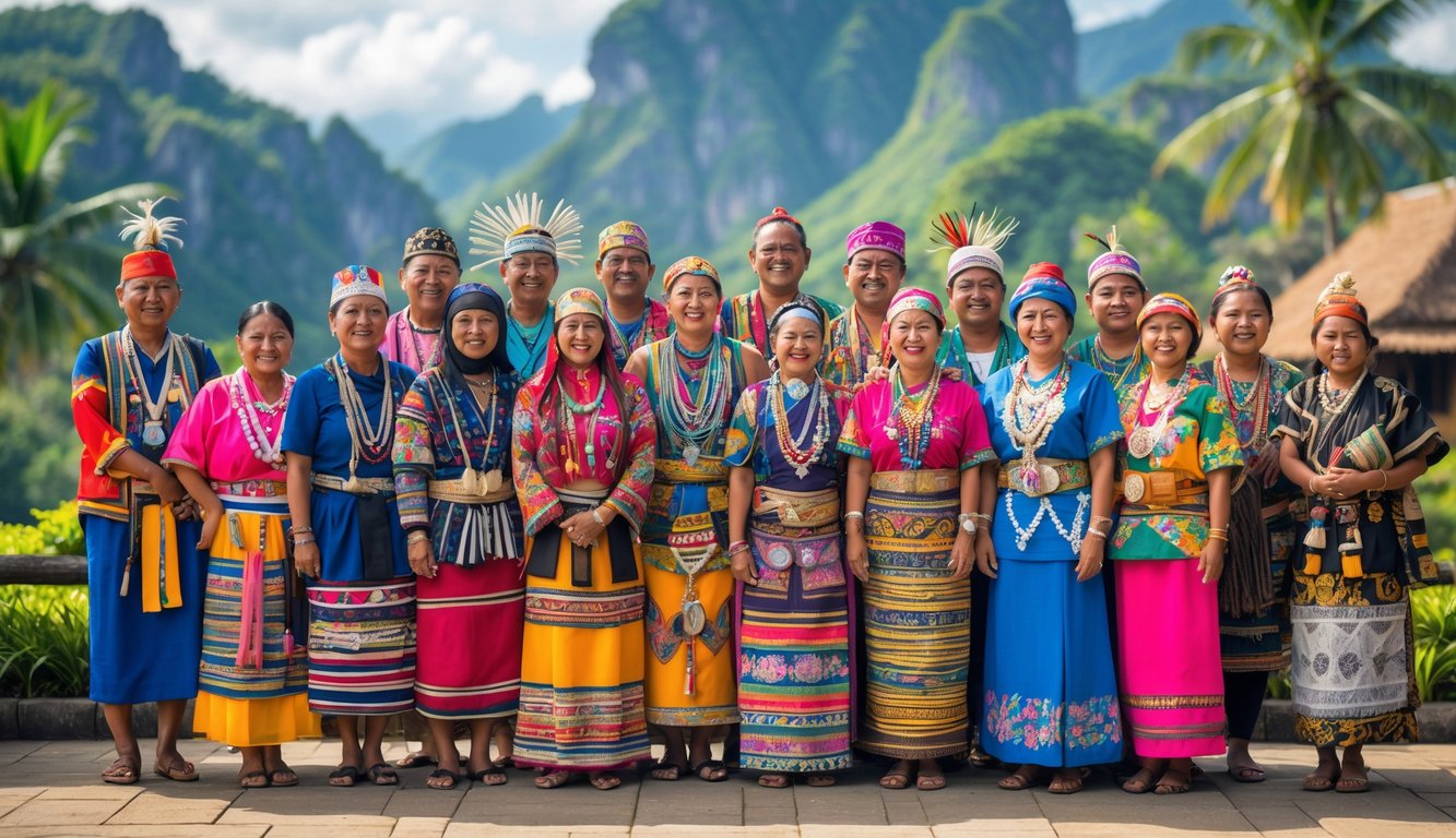 Sekelompok orang dari berbagai suku di Indonesia mengenakan pakaian tradisional berdiri bersama dengan latar belakang alam khas dari berbagai daerah Nusantara.