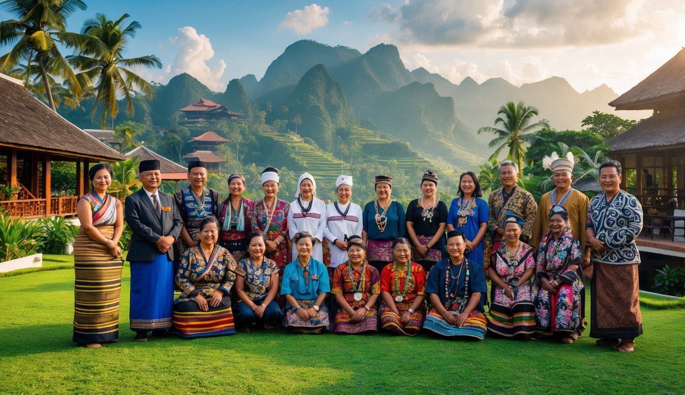 Sekelompok orang Indonesia mengenakan pakaian tradisional dari berbagai suku berdiri bersama di luar ruangan dengan latar alam tropis dan rumah adat.