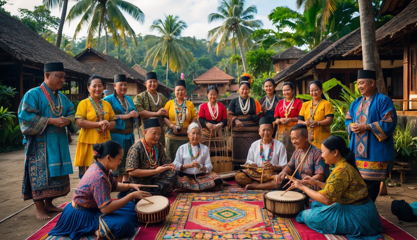 Sekelompok orang Indonesia mengenakan pakaian tradisional dari berbagai suku Nusantara sedang berkumpul di luar ruangan dengan latar belakang pohon palem dan rumah tradisional.