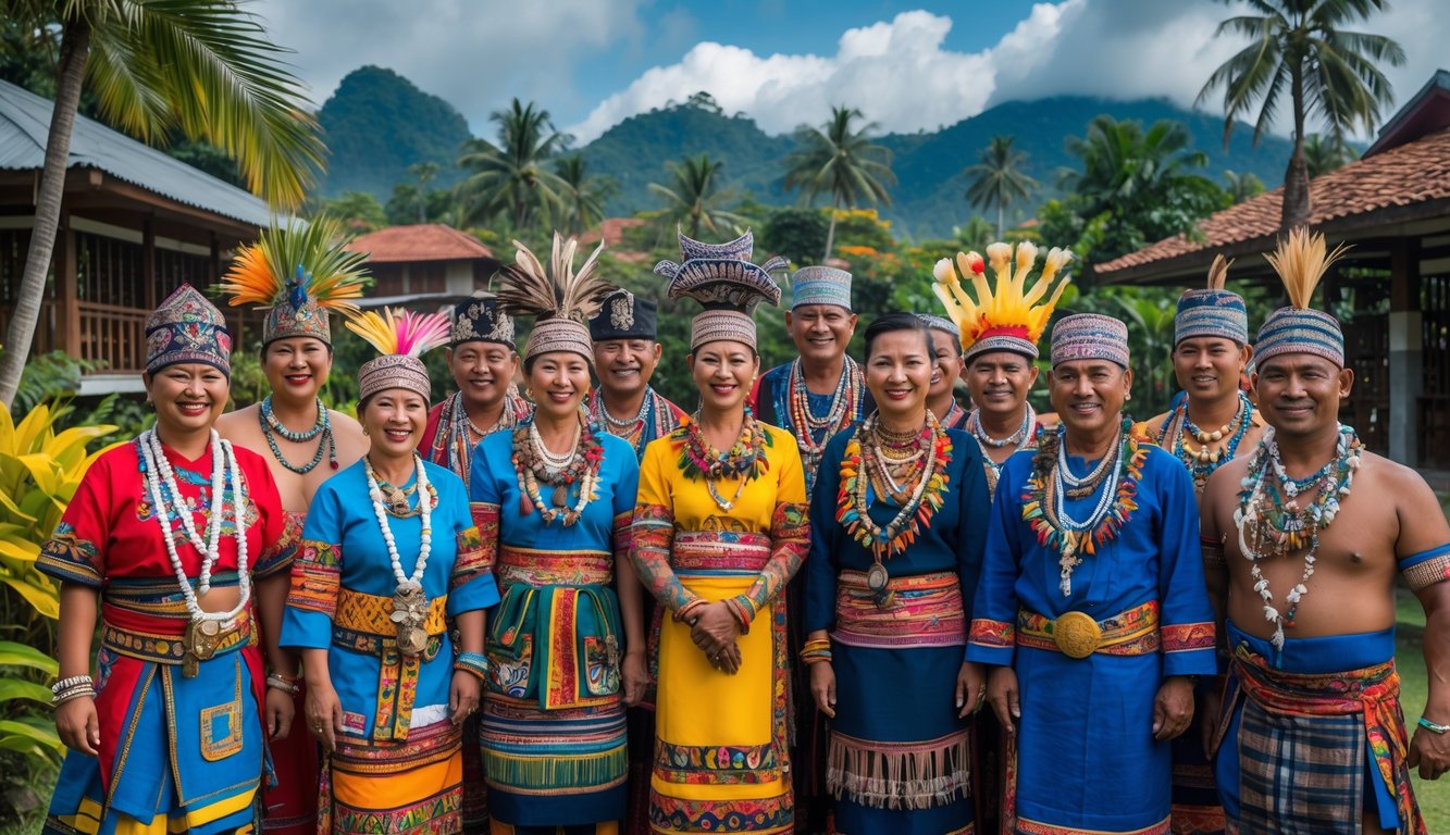 Sekelompok orang dari berbagai suku Nusantara mengenakan pakaian tradisional berwarna-warni di luar ruangan dengan latar belakang pemandangan alam tropis.