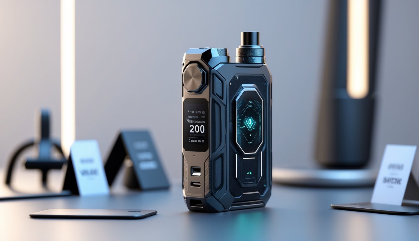 Mod vape terbaru dengan desain futuristik ditempatkan di atas permukaan modern dengan pencahayaan terang.