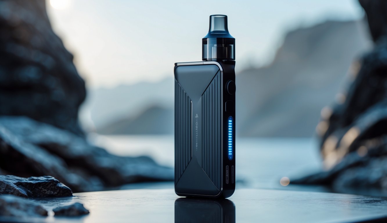 Perangkat vape modern diletakkan di atas permukaan reflektif dengan latar belakang alam yang samar.