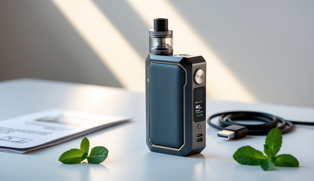 Sebuah perangkat vape modern yang sederhana dan aman diletakkan di atas permukaan putih dengan beberapa aksesori kecil di sekitarnya.