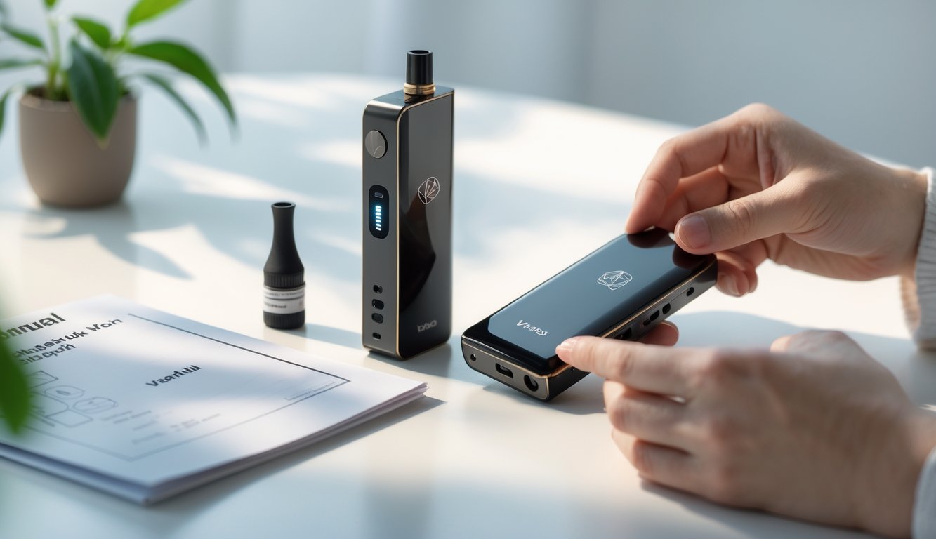 Perangkat MOD vape terbaru yang mudah digunakan dan aman diletakkan di atas meja dengan tangan memegangnya dan tanaman kecil di latar belakang.