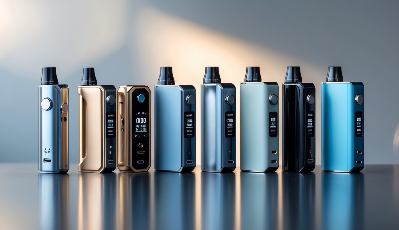 Beberapa perangkat vape MOD terbaru dengan desain elegan diletakkan rapi di atas permukaan reflektif.