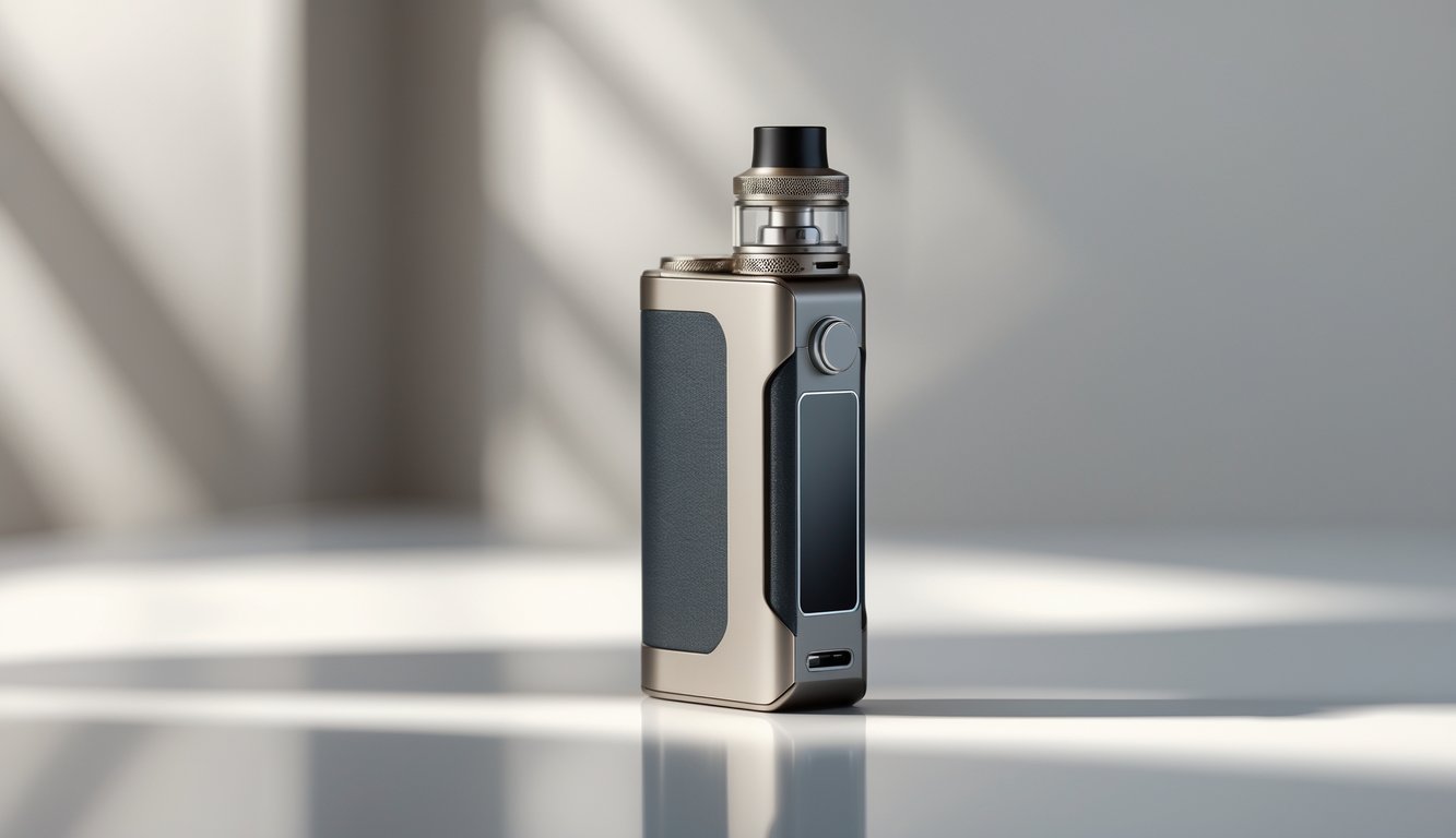 Sebuah perangkat vape mod modern dan elegan diletakkan di atas permukaan reflektif dengan latar belakang buram.