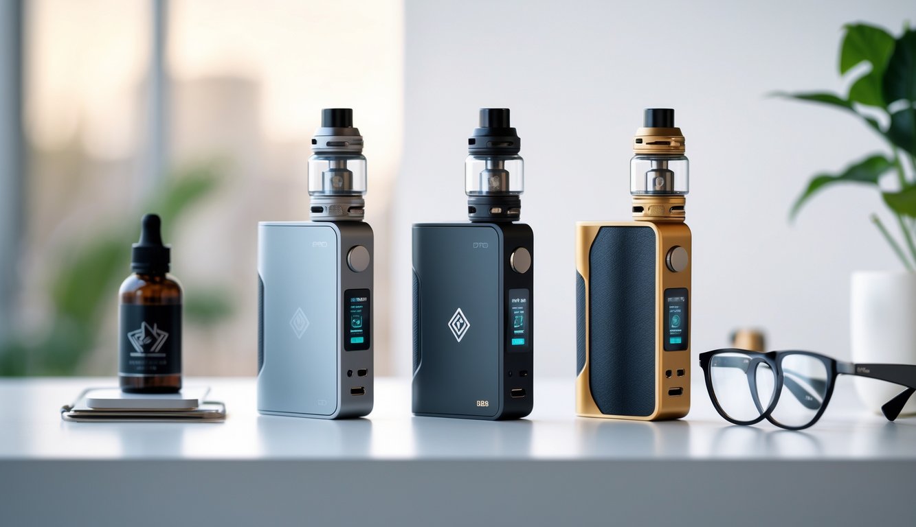 Tiga perangkat vape terbaru diletakkan rapi di atas meja putih dengan latar belakang buram dan beberapa aksesoris kecil di sekitarnya.