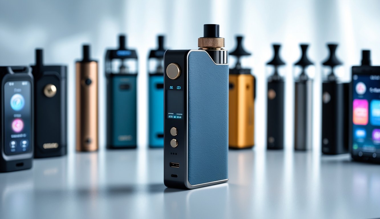 Beberapa perangkat vape mod terbaru dengan desain modern yang disusun rapi di atas permukaan putih.