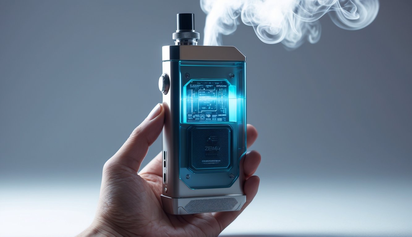 Sebuah perangkat vape MOD terbaru dengan desain modern dipegang menghasilkan awan uap tebal.