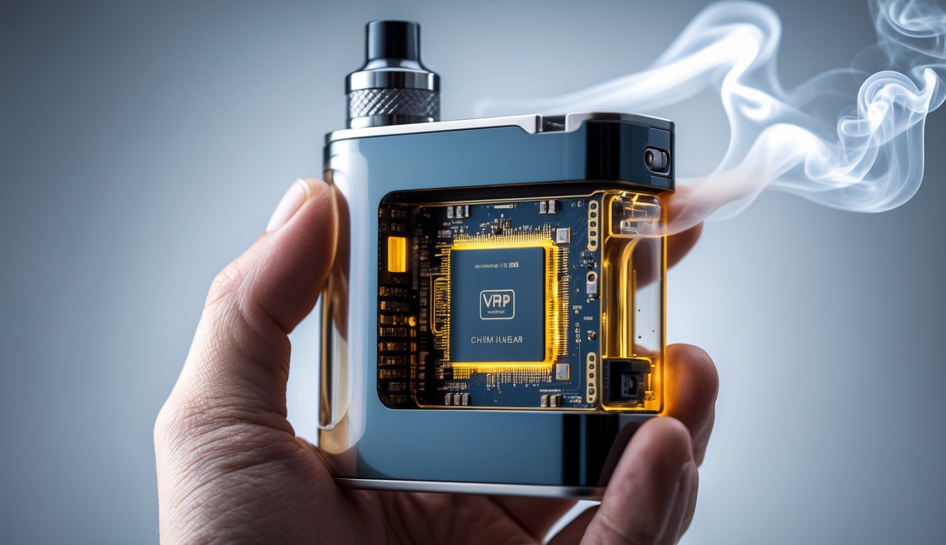 Gambar close-up MOD vape modern yang transparan memperlihatkan chipset canggih di dalamnya dengan latar belakang minimalis dan asap tipis di sekitarnya.