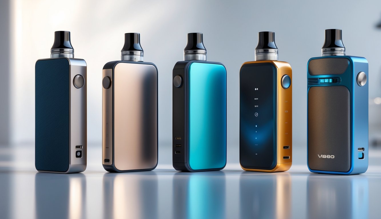 Lima perangkat vape modern dan berkualitas tinggi tersusun rapi di atas permukaan bersih dengan latar belakang minimalis.
