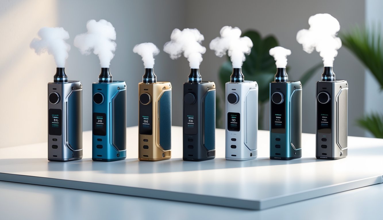 Lima perangkat MOD vape berkualitas premium dengan desain berbeda tersusun rapi di atas permukaan putih dengan latar belakang netral dan sedikit uap vape di atasnya.