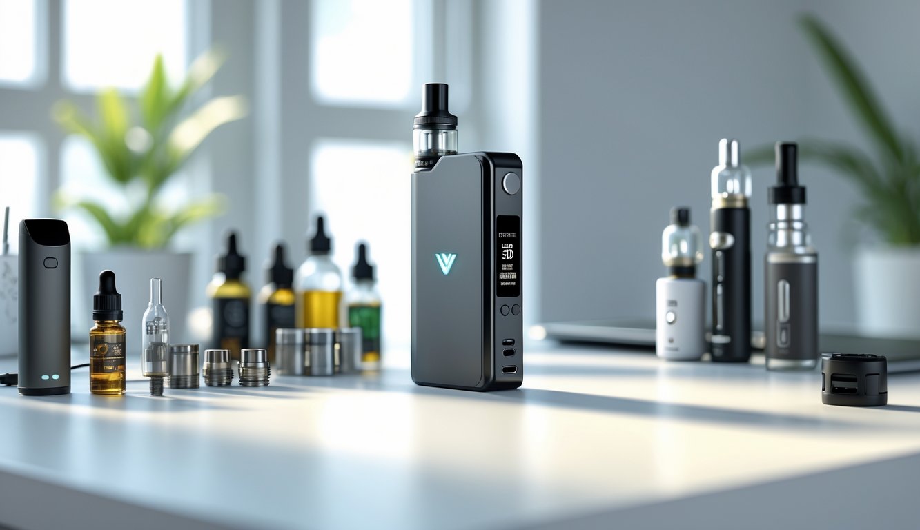 Sebuah perangkat vape modern dengan aksesori di atas meja yang rapi dan terang.