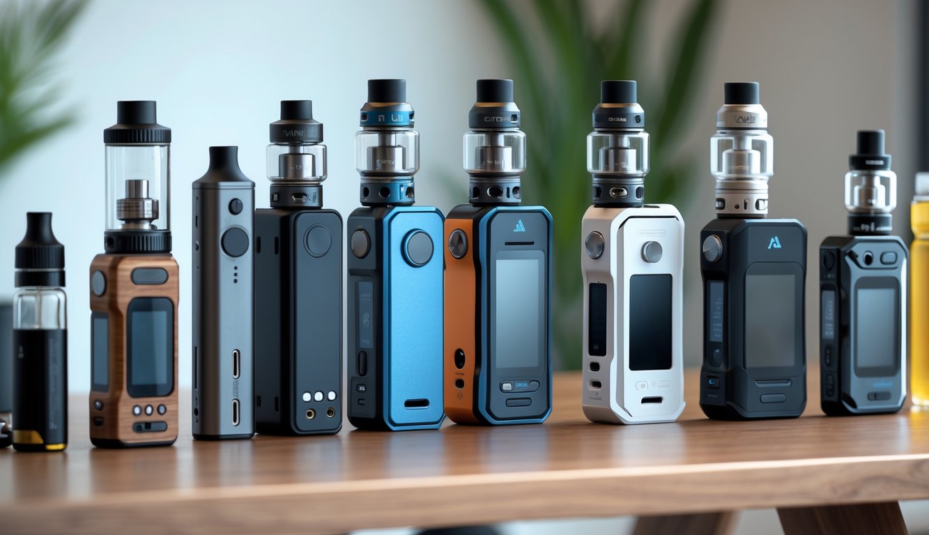 Beberapa perangkat MOD vape populer tersusun rapi di atas meja kayu dengan latar belakang buram.