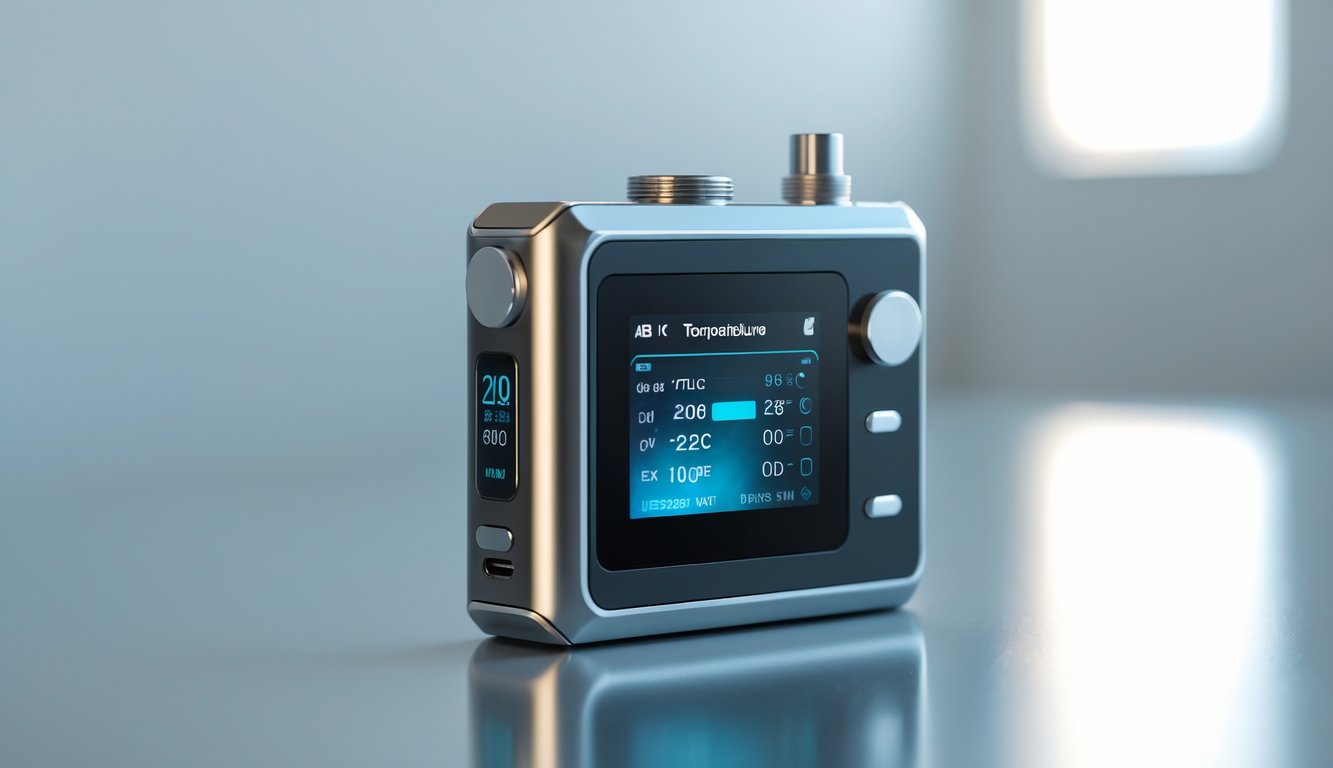 Perangkat vape MOD terbaru dengan layar digital yang menunjukkan pengaturan suhu, diletakkan di atas permukaan bersih dengan latar belakang minimalis.