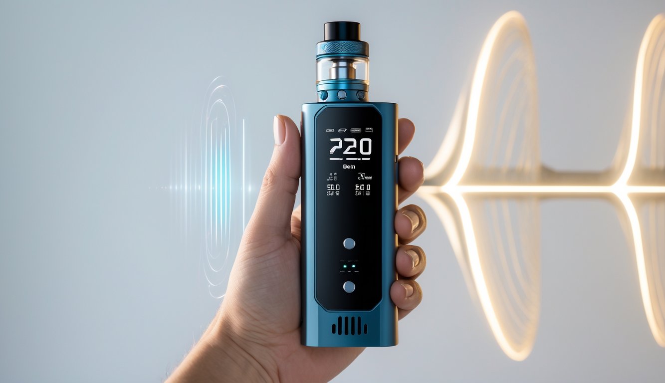 Sebuah perangkat vape mod modern dengan layar digital yang menunjukkan pengaturan suhu, dipegang oleh tangan di latar belakang bersih.