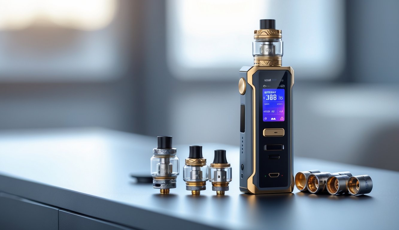Sebuah perangkat vape mod terbaru diletakkan di atas permukaan modern dengan aksesori vape di sekitarnya.