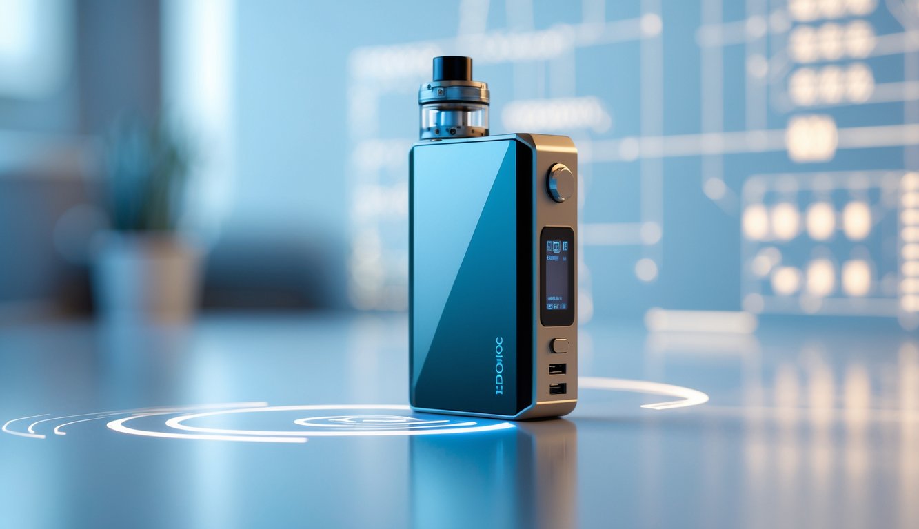 Sebuah perangkat vape mod modern diletakkan di permukaan reflektif dengan latar belakang yang menampilkan pola sirkuit dan diagram teknologi yang samar.