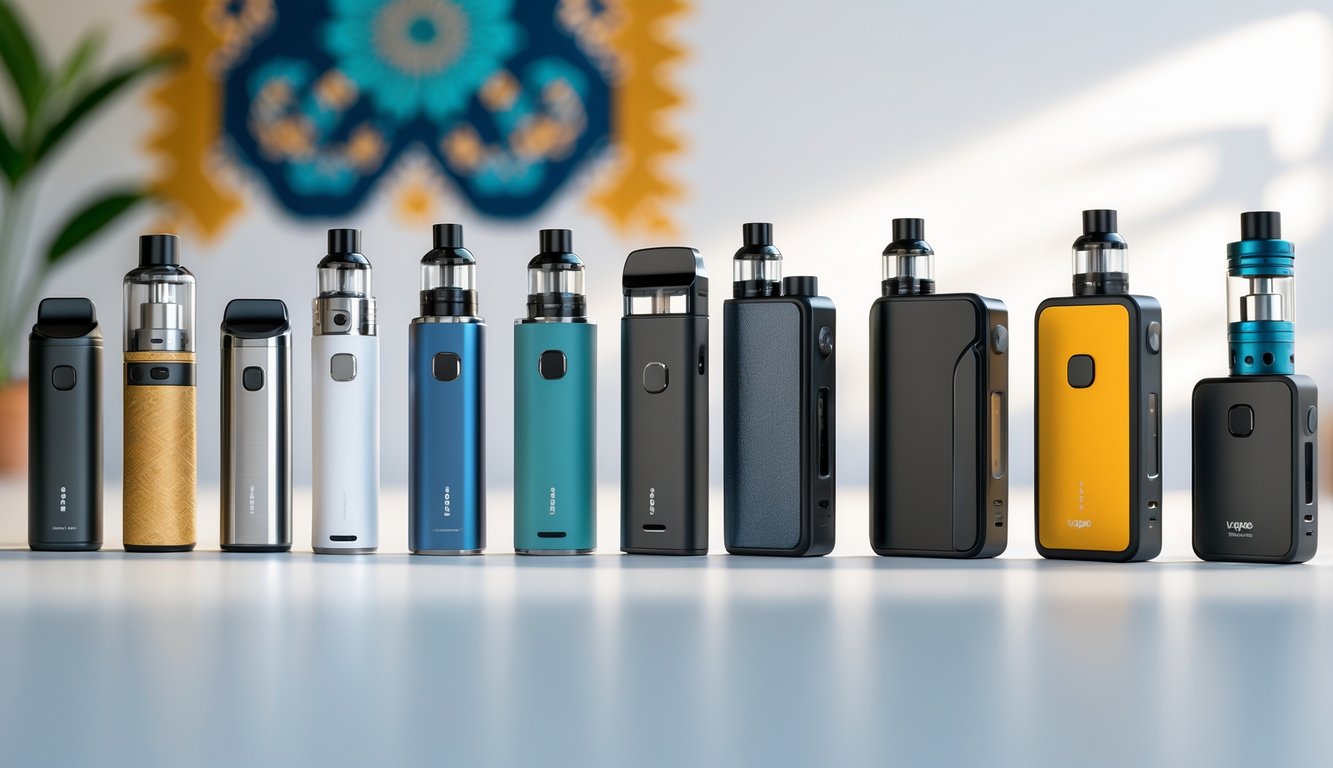 Berbagai jenis vape populer di Indonesia ditata rapi di atas permukaan putih, menampilkan perbedaan bentuk dan warna setiap perangkat.